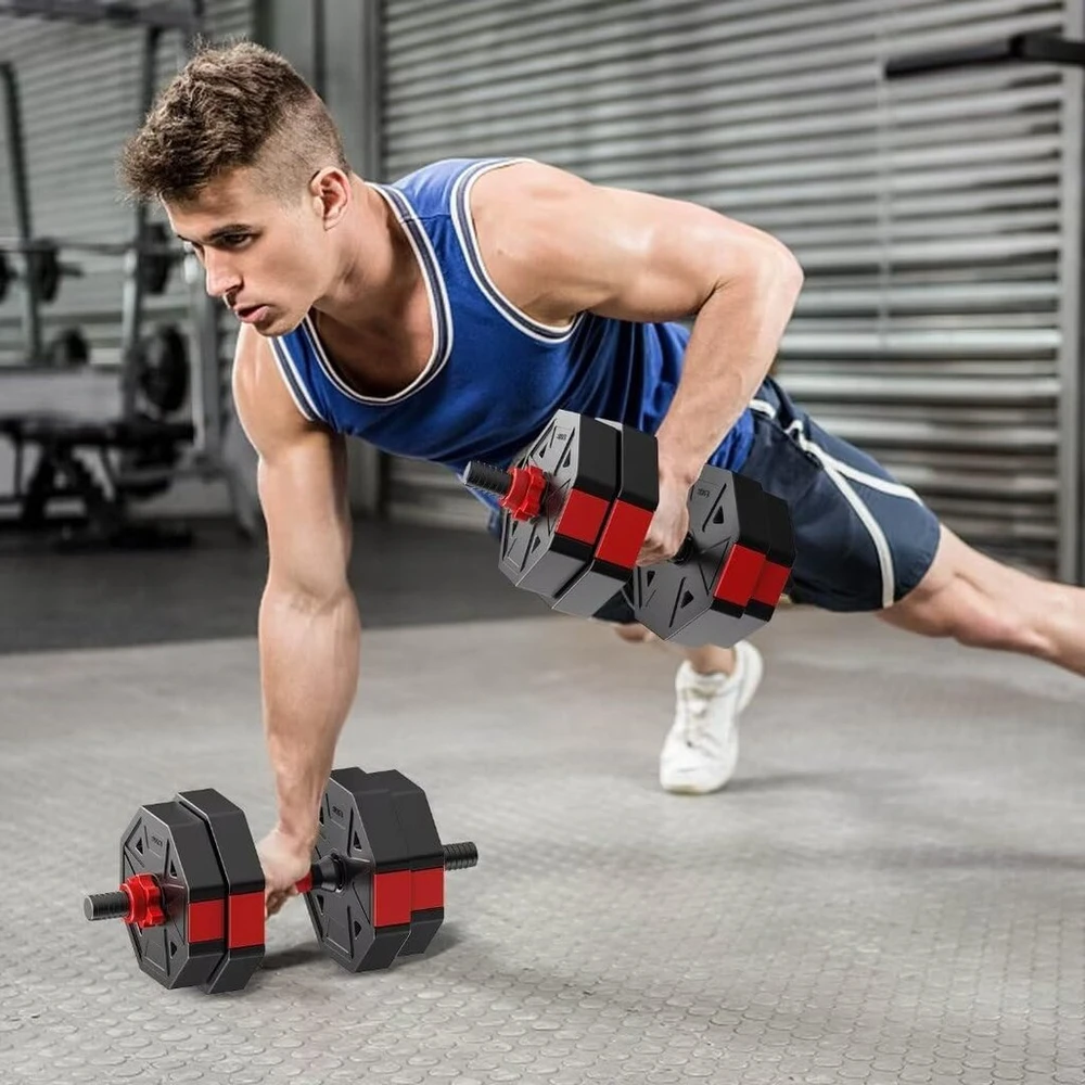 Reguliuojamas hantelių rinkinys 10 kg, aštuonkampio formos hanteliai 2 viename hantelių ir štangos rinkinys su jungiamąja detale, be ratukų, skirtas jėgos sportui, fitnesui, namų sporto salei