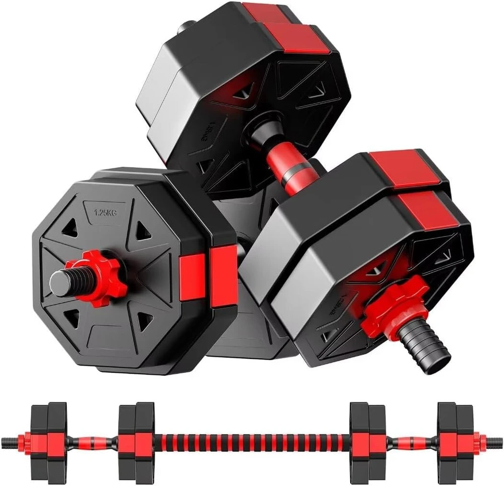 Reguliuojamas hantelių rinkinys 10 kg, aštuonkampio formos hanteliai 2 viename hantelių ir štangos rinkinys su jungiamąja detale, be ratukų, skirtas jėgos sportui, fitnesui, namų sporto salei