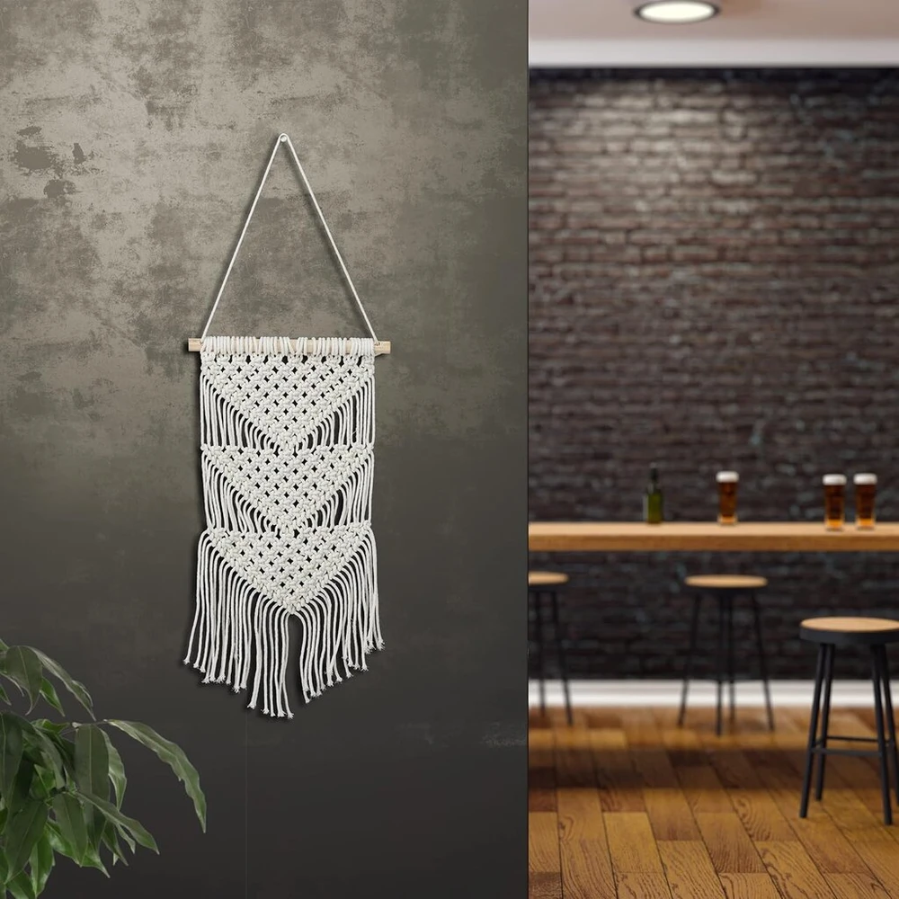 Relaxdays macrame sienos dekoracija, rankų darbo, boho stiliaus, 70 cm aukščio x 25,5 cm pločio, medvilnė ir medis, kreminė
