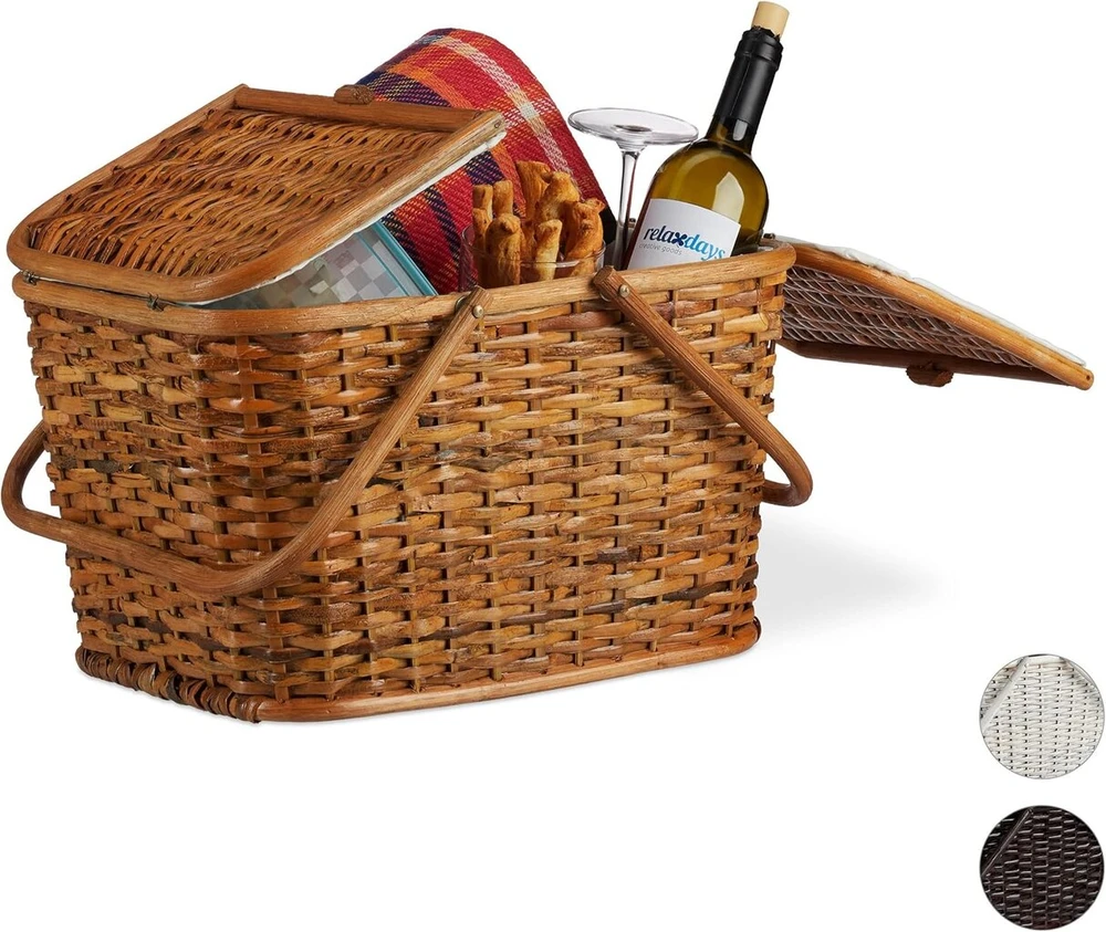 Relaxdays, medaus rudumo pintas pikniko krepšys su dangčiu, medžiaginiu užvalkalu, rankena, didelis nešiojamas krepšys, rankų darbo rotango pikniko krepšys, pikniko krepšys, 10024176_533, rotango pikniko krepšys