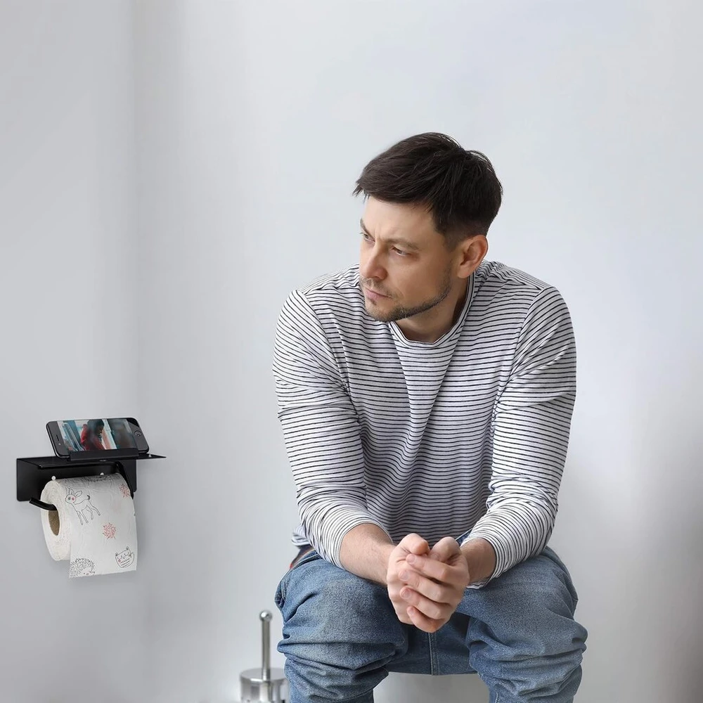 Relaxdays tualetinio popieriaus laikiklis su lentyna ir mobiliuoju telefonu, montuojamas ant sienos su gręžimu arba be jo, 430 nerūdijantis plienas, matinė juoda
