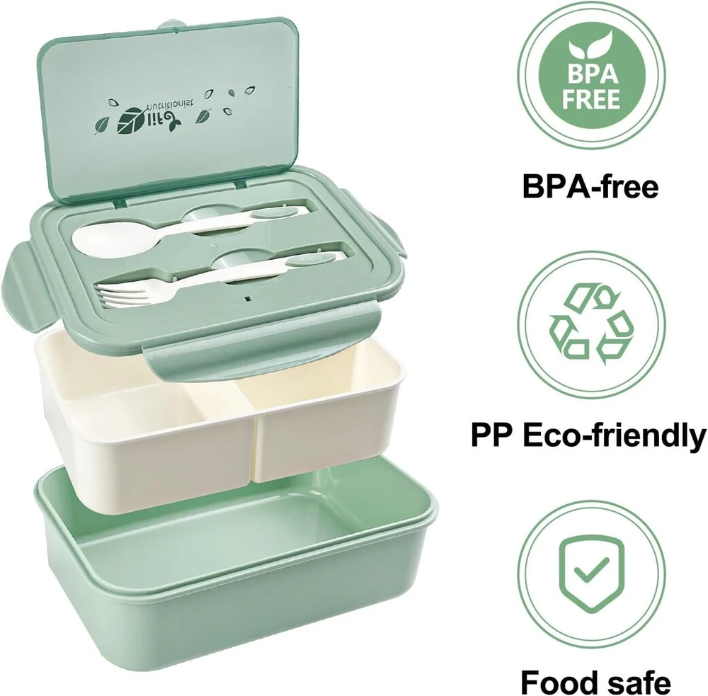 Relota priešpiečių dėžutė su 3 skyriais ir šaukštu-šakute, 1400 ml, priešpiečių dėžutė, nepralaidi, be Bpa, bento dėžutė, tinkama naudoti mikrobangų krosnelėje, priešpiečių dėžutė, pusryčių dėžutė suaugusiems, vaikams, mokyklai, darbui, žalia