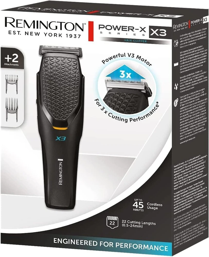 Remington Professional X3 plaukų kirpimo mašinėlė (2 reguliuojamos šukos 3-24 mm, japoniški nerūdijančio plieno peiliukai, maitinimas iš tinklo/baterijos) plaukų kirpimo mašinėlė, Power X Series Hc3000