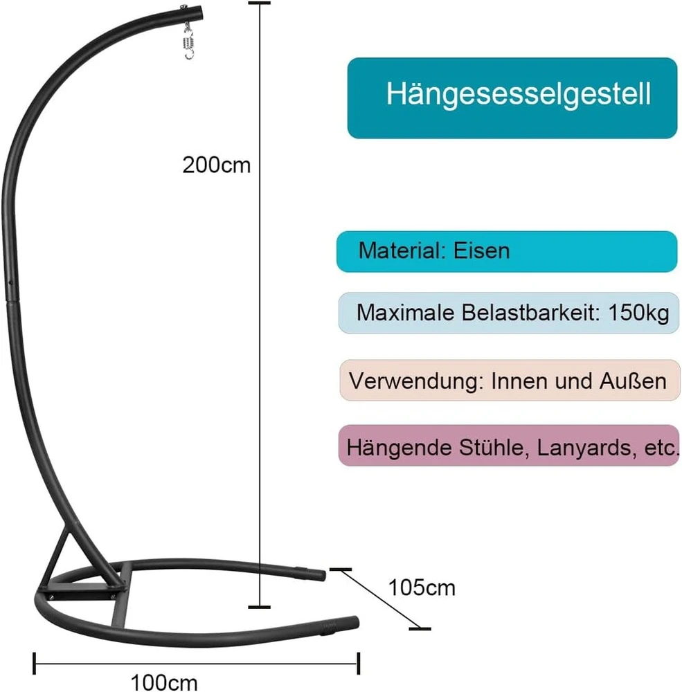 Remixori pakabinamo krėslo rėmas, pakabinamas krėslas su rėmu, maksimali apkrova 150 kg, skirtas naudoti viduje ir lauke, sodui, juodas (tik pakabinamo krėslo rėmas)