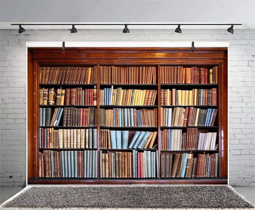 Renaiss 2.7 x 1.8 m retro bibliotekos knygų spintos fonas fotografijai, vintažinių knygų krūva, klasikinės knygos, studentų, vaikų, suaugusiųjų portretų fotografavimo foto studijos rekvizitai