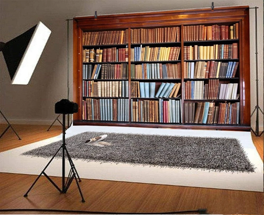 Renaiss 2.7 x 1.8 m retro bibliotekos knygų spintos fonas fotografijai, vintažinių knygų krūva, klasikinės knygos, studentų, vaikų, suaugusiųjų portretų fotografavimo foto studijos rekvizitai