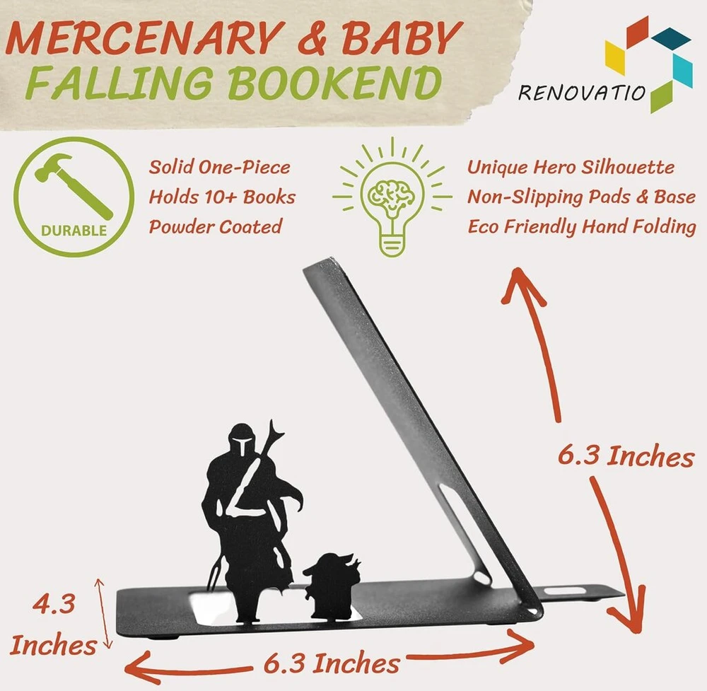 Renovatio metalinis knygų laikiklis Mercenary and Baby Cute, dekoratyviniai unikalūs geeky anime knygų laikikliai, juodas metalinis knygų laikiklis biurui ir namams, šaunus knygų atrama
