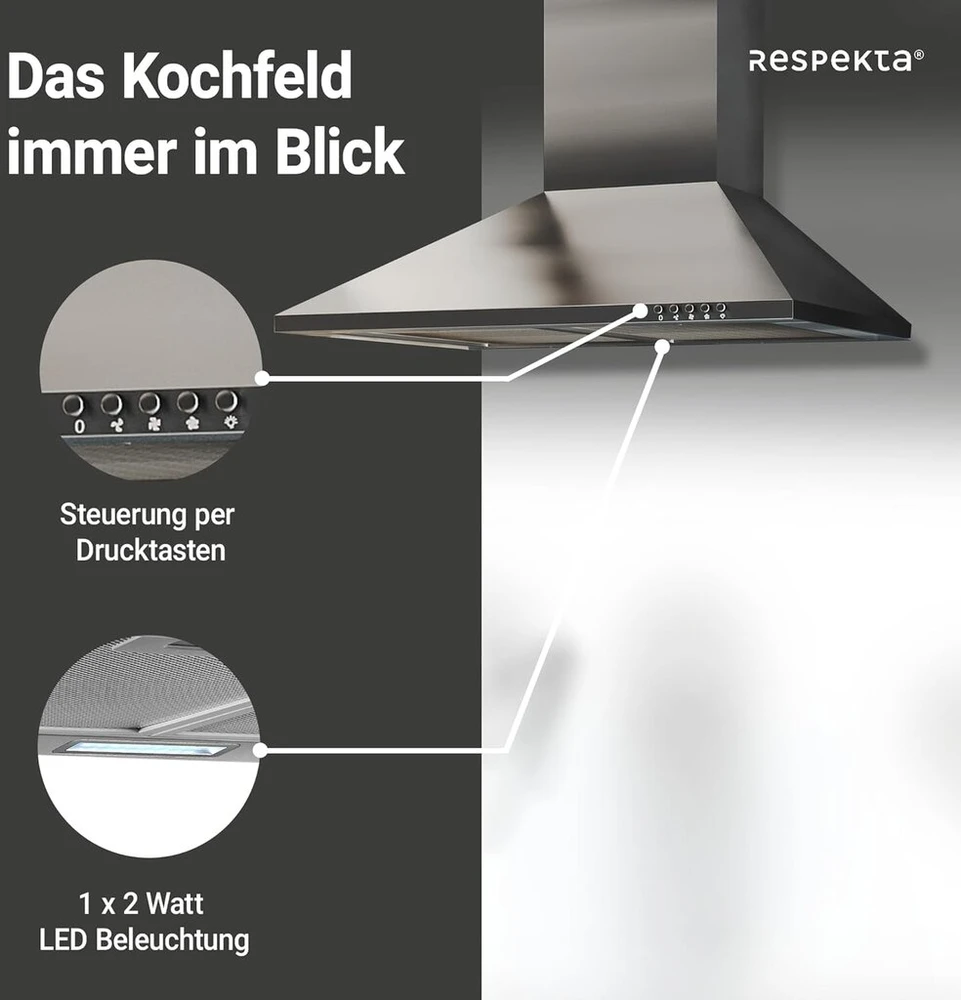 Respekta Ch 22058 Ixb nerūdijančio plieno kamininis gaubtas, 60 cm