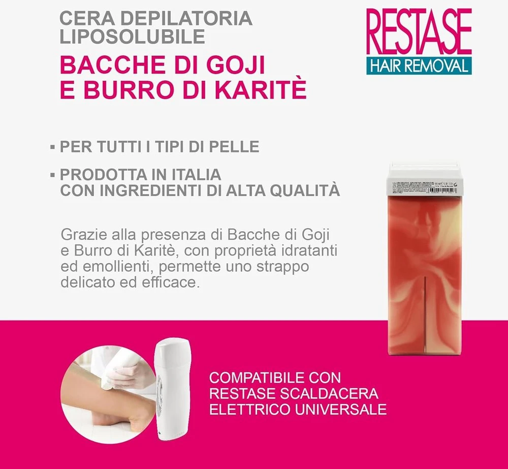 Restase riebaluose tirpus plaukų šalinimo vaško aplikatorius su goji uogomis ir taukmedžio sviestu, skirtas visų tipų odai, 100 ml, pagamintas Italijoje