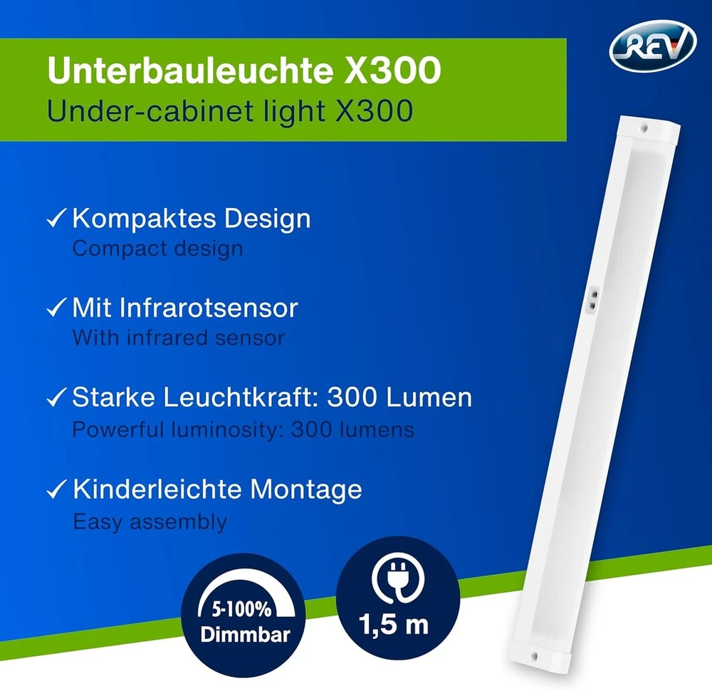 Rev Led virtuvinis šviestuvas po spintele 30 cm, 4 W, 300 liumenų, 3000 K, plokščias virtuvinis šviestuvas su jutikliu, lengvas montavimas, baltas