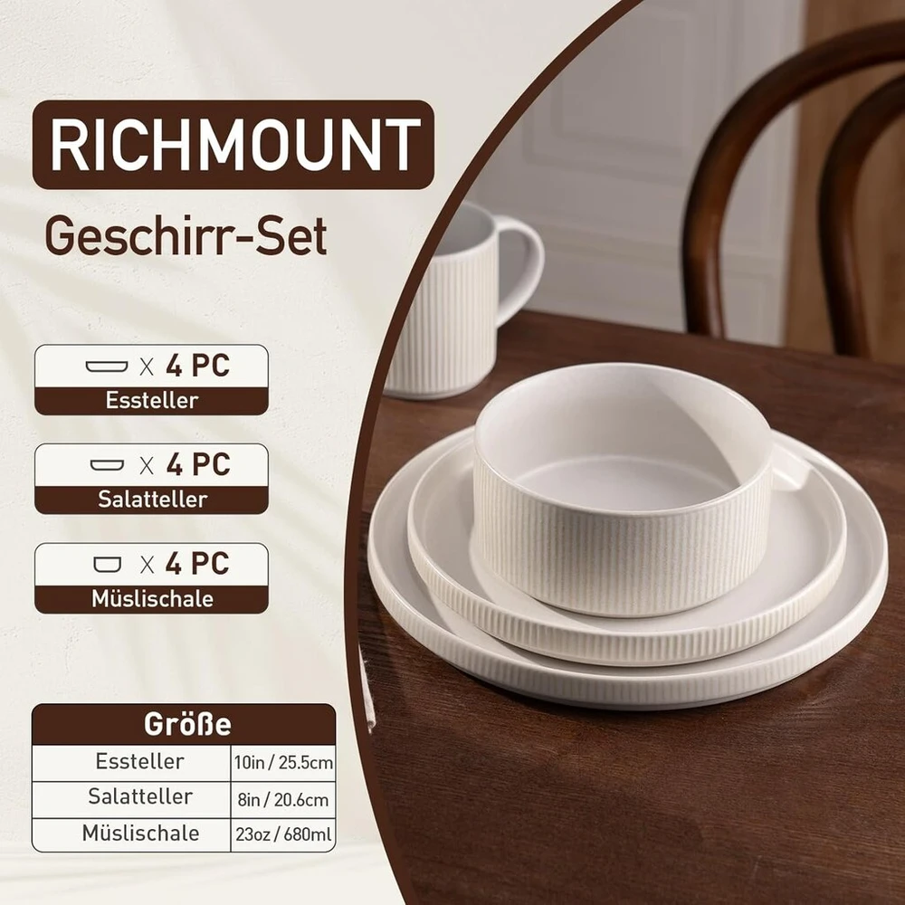 Richmount Star 12 dalių lėkščių rinkinys, indų rinkinys 4 asmenims, akmens masės indų rinkinys, atsparus įbrėžimams, tinkamas naudoti mikrobangų krosnelėje ir indaplovėje, visiškai blizgus matinis baltas