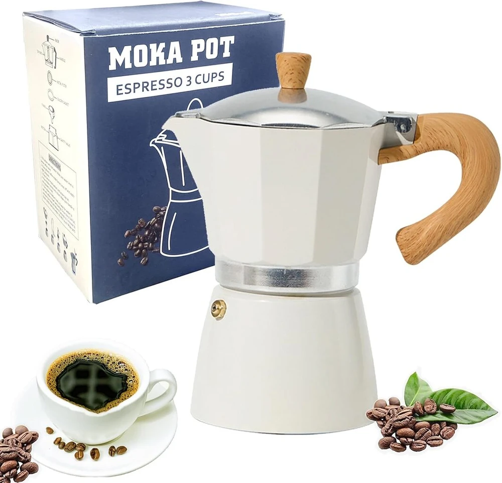 Kavos aparatas Richsum aliumininis espreso virimo aparatas - 3 espreso puodeliai - 150 ml moka kavinukas itališkas kavos virimo aparatas dujinėms ir elektrinėms viryklėms, baltas