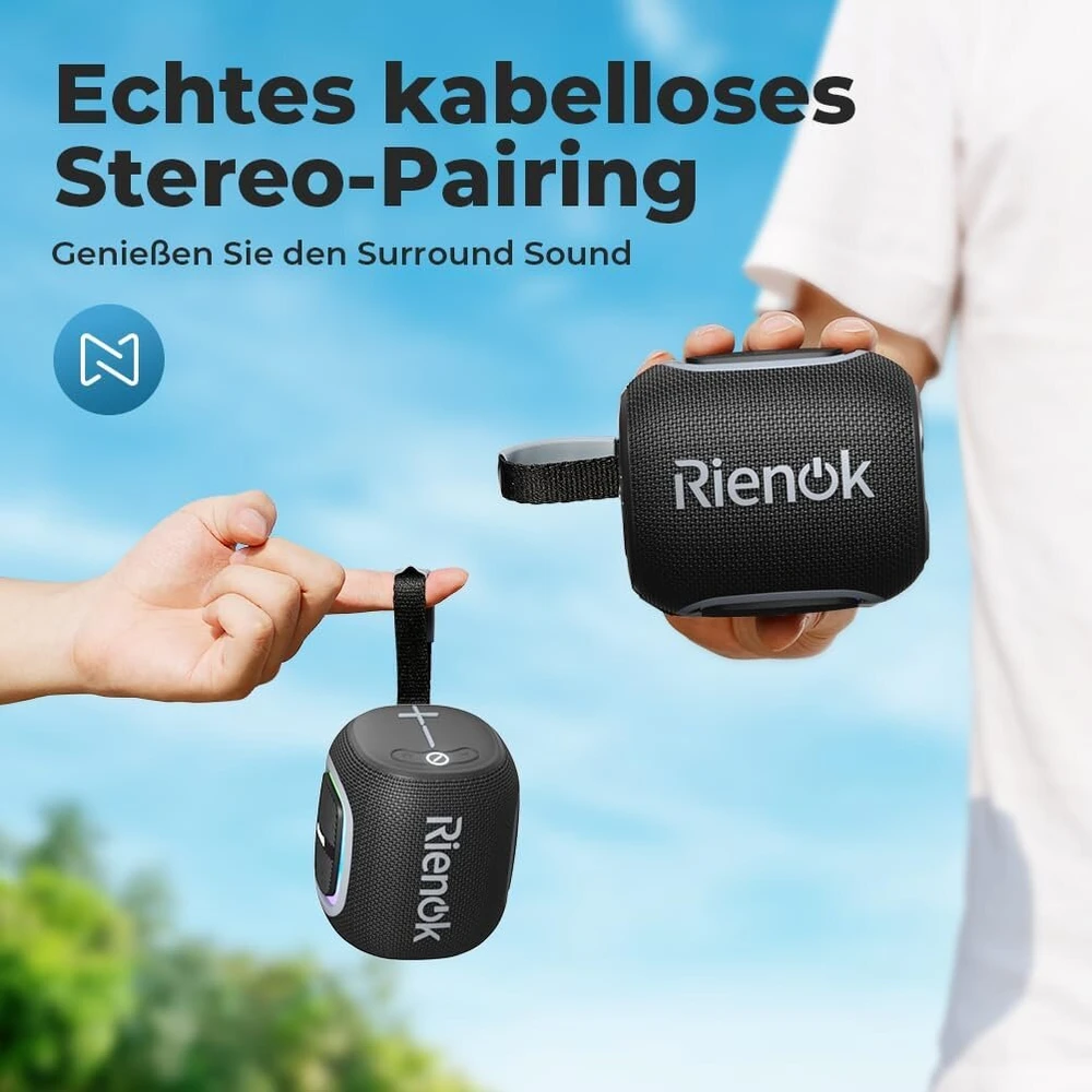 Kompiuterio kolonėlės Rienok Bluetooth kolonėlė maža su šviesa Fm radijas Bluetooth 5.3 muzikos grotuvas belaidė žemų dažnių kolonėlė su 15 valandų grojimo laiku stereo nešiojama vandeniui atspari Tf kortelė Usb atmintinė juoda
