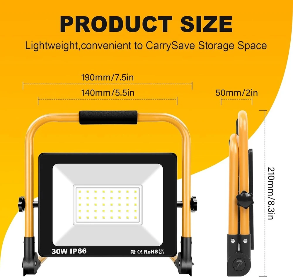 Rigidon 30 w led statybinis prožektorius, 3000 lm nešiojamas led darbo žibintas, led prožektorius su kištuku, ip66 statybinis žibintas, skirtas dirbtuvėms, statybvietei, garažui, sodui, 6000 k