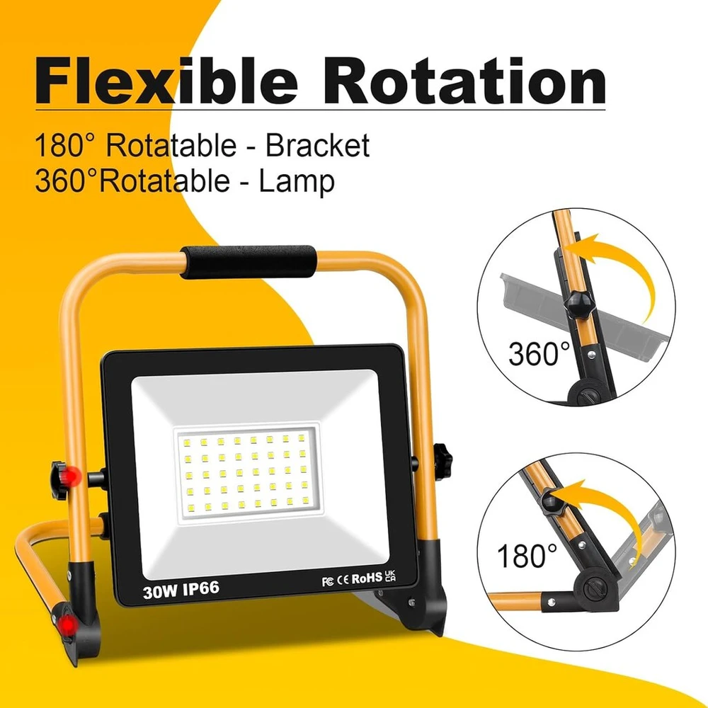 Rigidon 30 w led statybinis prožektorius, 3000 lm nešiojamas led darbo žibintas, led prožektorius su kištuku, ip66 statybinis žibintas, skirtas dirbtuvėms, statybvietei, garažui, sodui, 6000 k