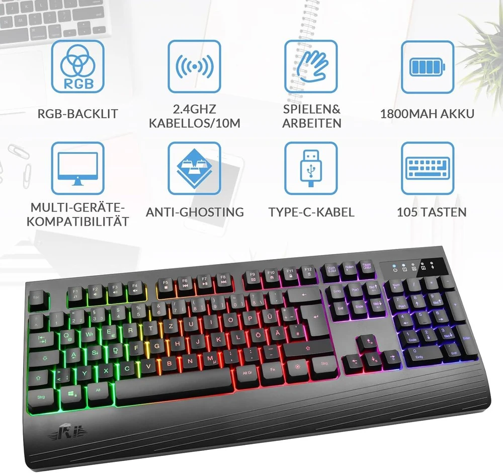Rii belaidė žaidimų klaviatūra su apšvietimu, biuro klaviatūra su Qwertz, belaidė žaidimų klaviatūra su 2,4 Ghz jungtimi, belaidė biuro klaviatūra su 1800 Ma įkraunama baterija