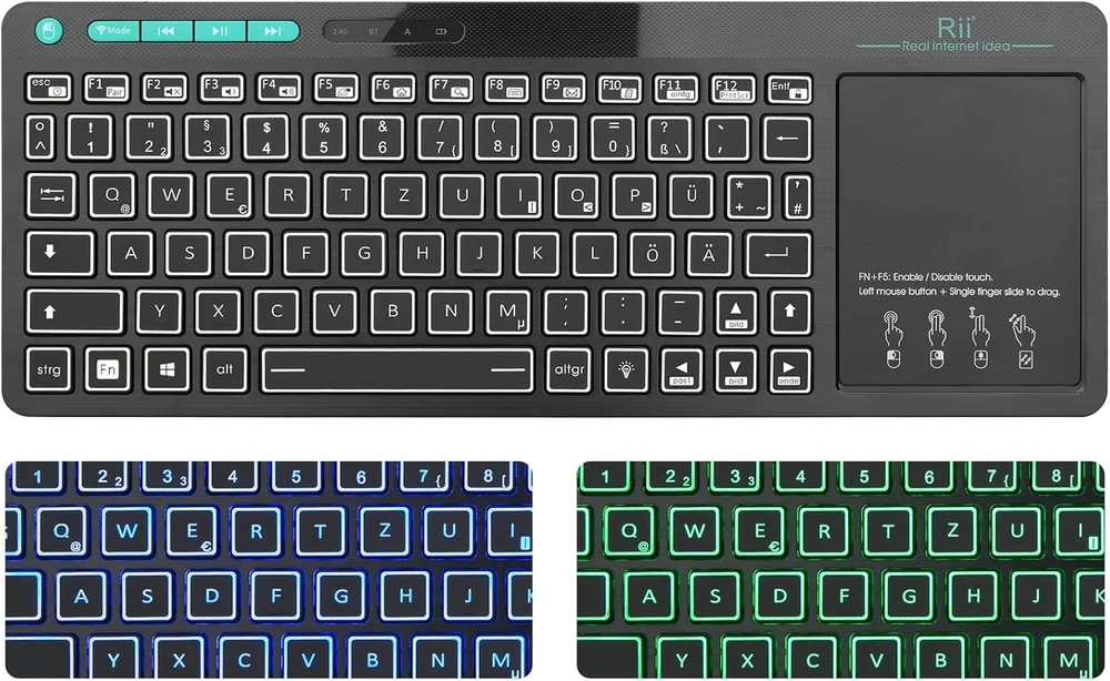 Rii bluetooth klaviatūra su jutikliniu kilimėliu (bluetooth 5.0 + 2.4g belaidė), mini klaviatūra su 2 led pašvietimu (vokiečių išdėstymas, juoda)
