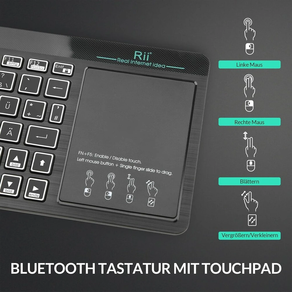 Rii bluetooth klaviatūra su jutikliniu kilimėliu (bluetooth 5.0 + 2.4g belaidė), mini klaviatūra su 2 led pašvietimu (vokiečių išdėstymas, juoda)