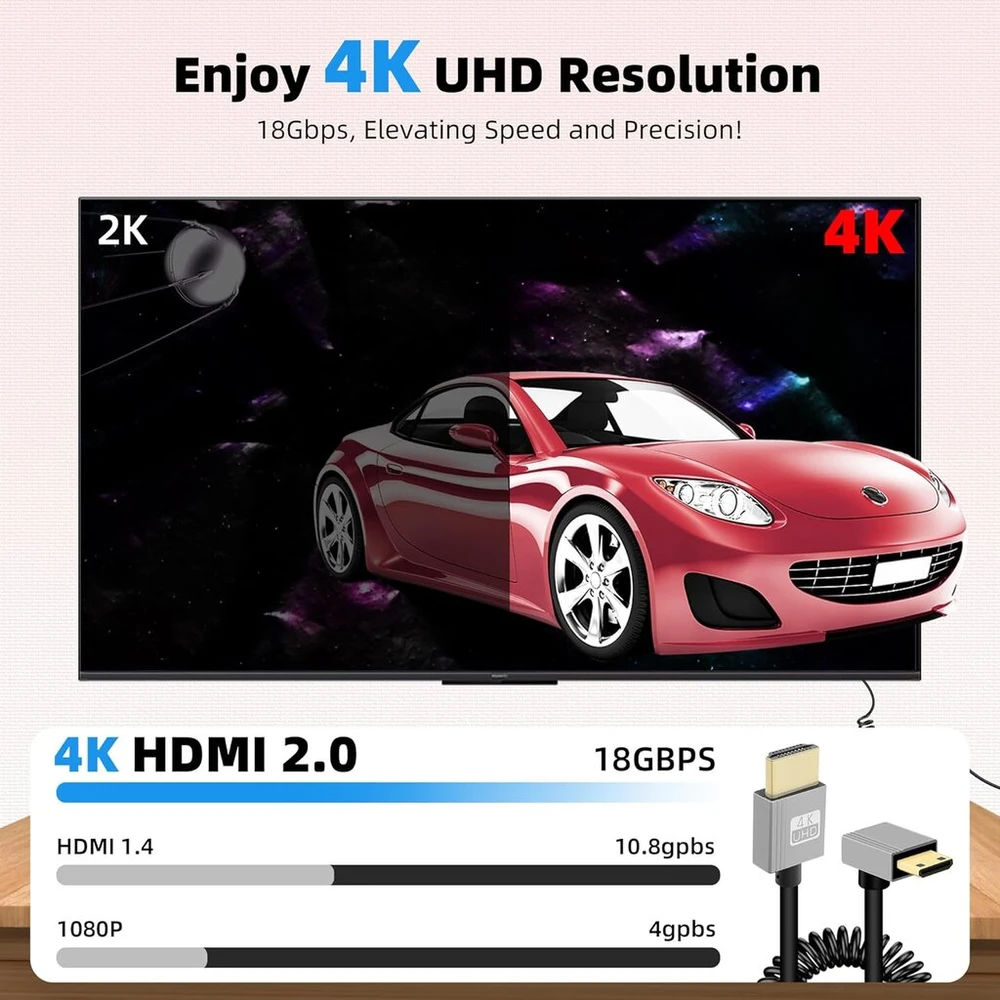 Riieyoca 4k mini hdmi į hdmi trumpas spiralinis kabelis, 90 laipsnių žemyn kampu 18 gbps didelės spartos hdmi2.0 palaiko 4k @ 60 hz, suderinamas su vaizdo kamera, monitoriumi (žemyn)