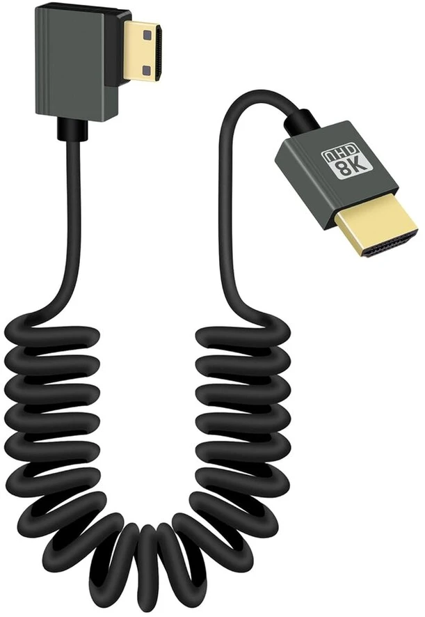 Riieyoca 8k Mini Hdmi į Hdmi trumpas spiralinis kabelis, 90 laipsnių stačiu kampu 48gbps didelės spartos Hdmi2.1 palaiko Hdr, 8k@60hz, 4k@120hz, suderinamas su vaizdo kameromis, monitoriais (right)
