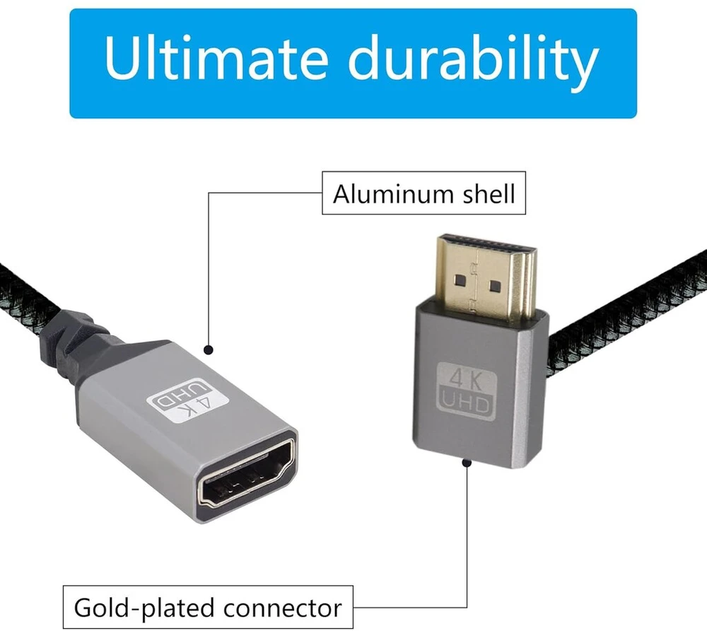 Riieyoca 90 laipsnių kampu aukštyn Uhd 4k Hdmi į Hdmi pintas kabelis 0,17 m, 18 Gbps didelės spartos 2.0 pintas kabelis, palaiko 4k @ 60hz, 1080p, Hdcp 2.2, Arc, 3d (2 vnt.)