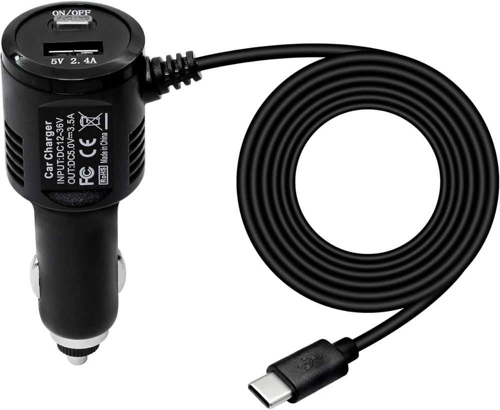 Riieyoca automobilinis įkroviklis vaizdo registratoriui su C tipo Usb jungtimi ir jungikliu, greitas įkrovimas, skirtas daugumai vaizdo registratorių ir Gps navigacijai (kabelis: 1.2 metrai)
