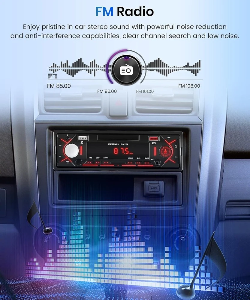 Automagnetola Rimoody 1 din automobilinis radijas su bluetooth, automobilinis radijas 1 din su bluetooth laisvų rankų įranga bluetooth telefonas fm radijas usb/u diskas/aux raudona šviesa, laiko rodymas