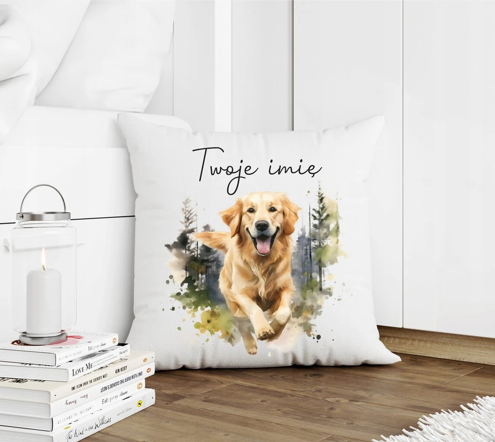 Rinkinys: Puodelis ir pagalvė su "golden Retriever" ir Jūsų vardu