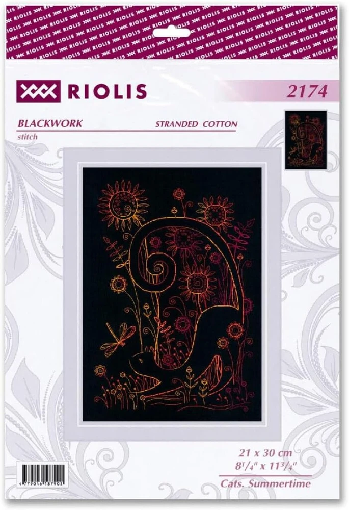 Riolis rinkinys siuvinėjimui „blackwork“ technika „cats Summer Time“ skaičiuojamas raštas 21 x 30 cm