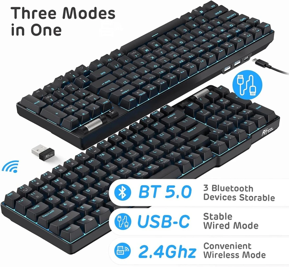 Rk royal kludge rk96 90% 96 klavišų bt5.0/2.4g/usb-c hot-swap mechaninė klaviatūra, belaidė mechaninė bluetooth klaviatūra su magnetiniu delno atlošu, mėlynas apšvietimas (red switch)