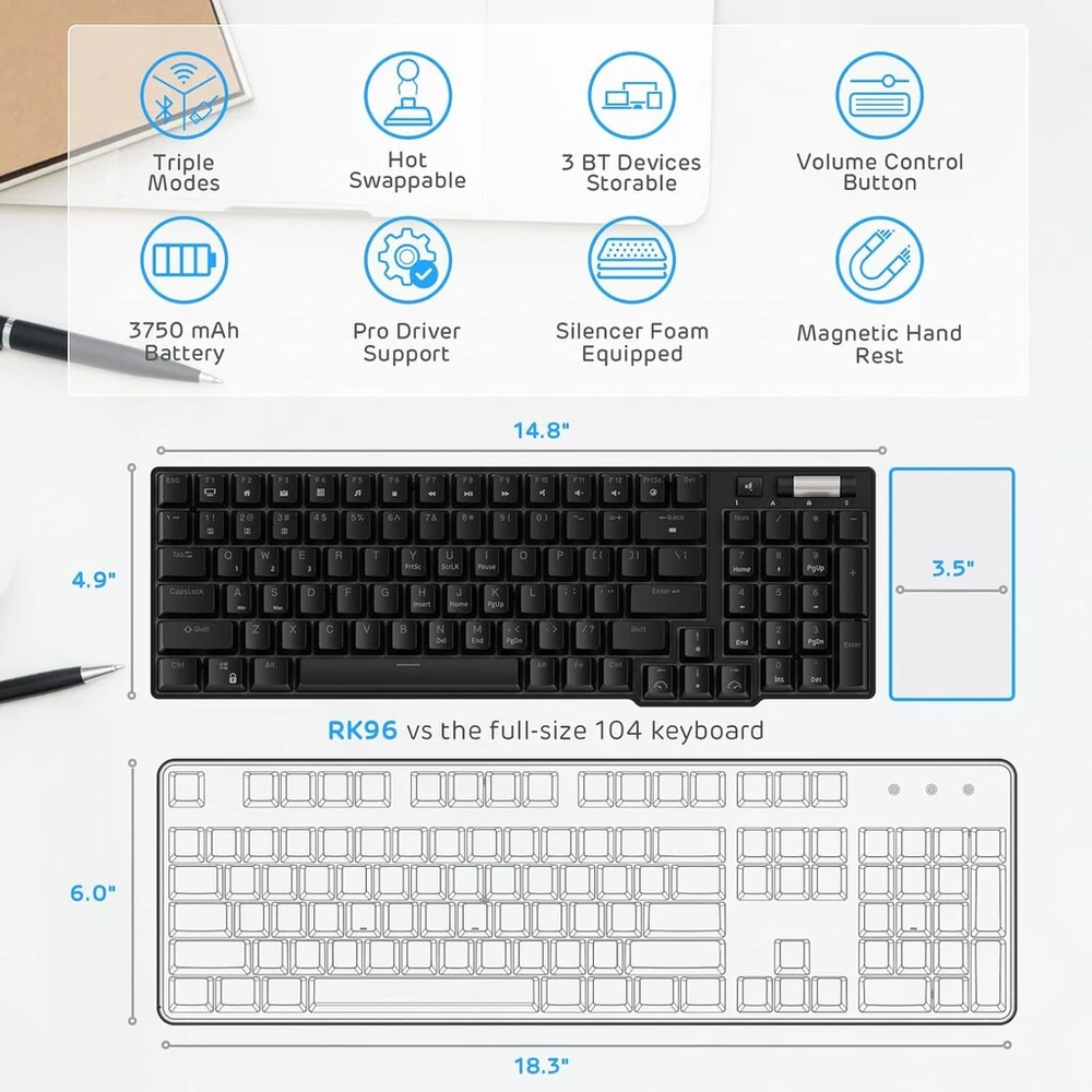 Rk royal kludge rk96 90% 96 klavišų bt5.0/2.4g/usb-c hot-swap mechaninė klaviatūra, belaidė mechaninė bluetooth klaviatūra su magnetiniu delno atlošu, mėlynas apšvietimas (red switch)