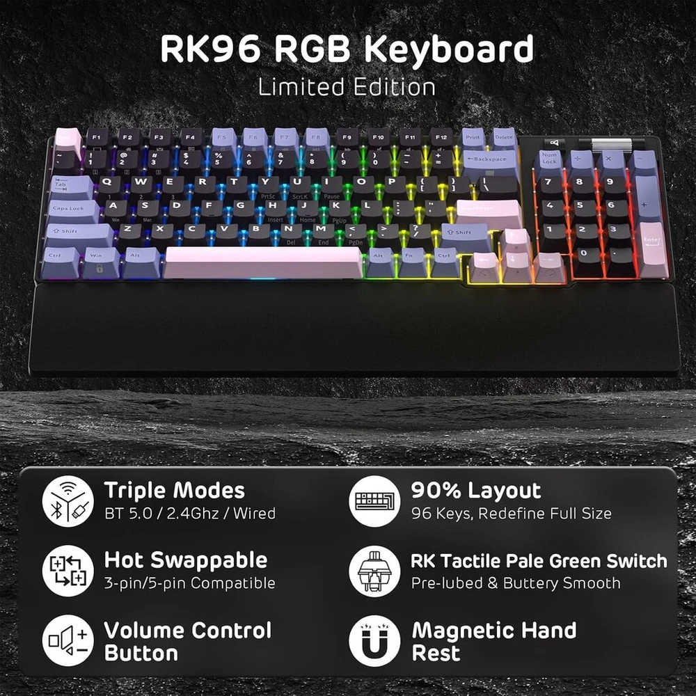Rk royal kludge rk96 rgb limited ed, 90% 96 klavišų belaidė trijų režimų bt5.0/2.4g/usb-c hot-swap mechaninė klaviatūra su riešo atrama, programinės įrangos palaikymas, taktiliniai jungikliai, qwerty
