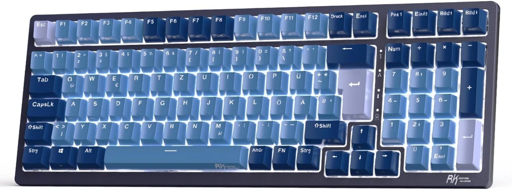 Rk royal kludge rk98 mechaninė belaidė žaidimų klaviatūra 2.4g/bluetooth 5.1/usb-c rgb apšviesta vokiška qwertz išdėstymo 100 klavišų karštai keičiamų red switch, mėlyna
