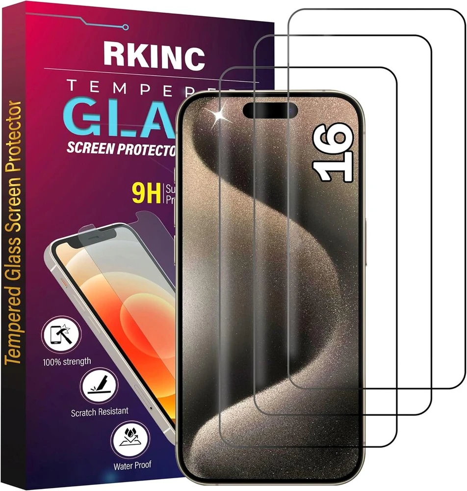 Rkinc grūdinto stiklo ekrano apsauga, skirta iphone 16, grūdinto stiklo ekrano apsauga, 0,33 mm, atspari įbrėžimams, nedūžtanti, be burbuliukų, 3 vnt.
