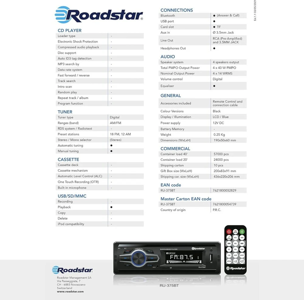 Automagnetola Roadstar Ru-375bt Skaitmeninis automobilinis radijas Am/fm Bluetooth laisvų rankų įranga Stereo Usb prievadas Tf kortelių skaitytuvas Mp3 grotuvas Lcd ekranas Nuotolinis valdymas