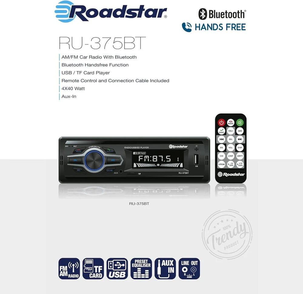 Automagnetola Roadstar Ru-375bt Skaitmeninis automobilinis radijas Am/fm Bluetooth laisvų rankų įranga Stereo Usb prievadas Tf kortelių skaitytuvas Mp3 grotuvas Lcd ekranas Nuotolinis valdymas