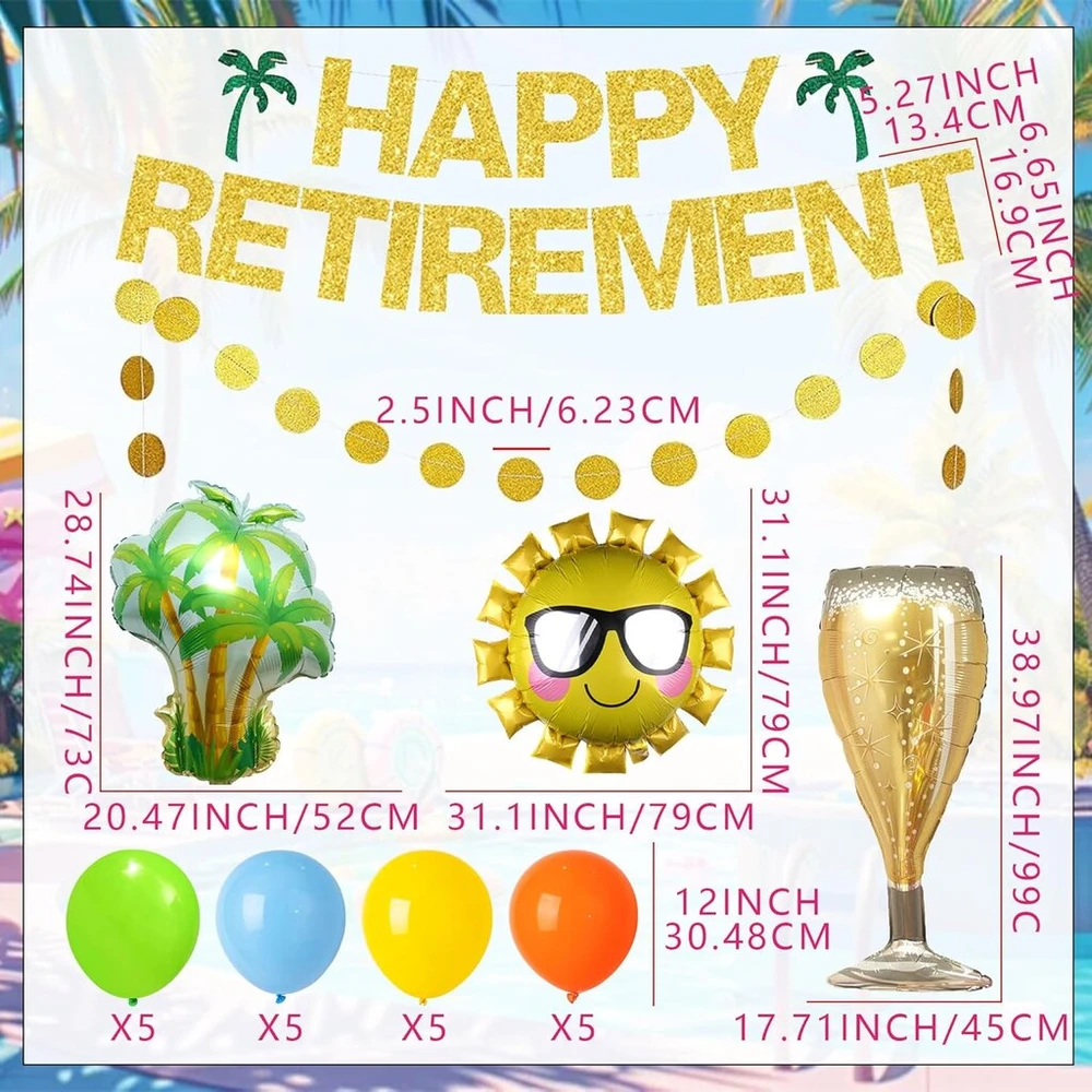 Roaring Good Time Beach Happy Retirement balionų baneris, ženklas, balionai, išėjimo į pensiją banerio dekoracijos pensijos vakarėlio dekoracijoms