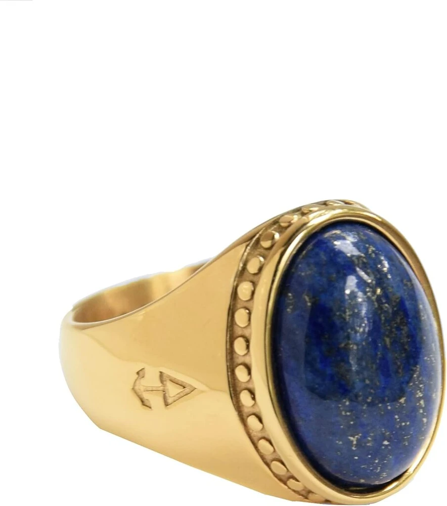 Rock and Steel aukso spalvos Deus ovalus vyriškas žiedas iš nerūdijančio plieno su lapis lazuli akmeniu