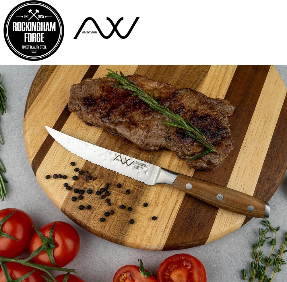Rockingham Forge Ashwood 12,5 cm peilis kepsniams su dantytu ašmeniu – patvari rankena iš natūralios medienos – profesionalus šefo peilis su nelimpančiu paviršiumi