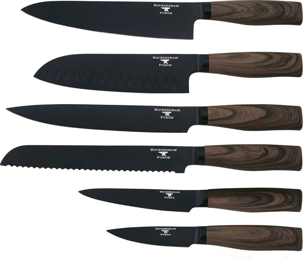 Rockingham Forge Forester Series 7 colių santoku peilis - nerūdijančio plieno ašmenys su juodo oksido danga, ergonomiška medinė rankena, japoniškas peilis