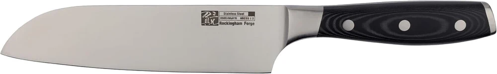 Rockingham Forge Rf9100 Series Rf-9107 Santoku peilis su 7" nerūdijančio plieno ašmenimis - juoda kniedyta Micarta rankena, japoniškas peilis