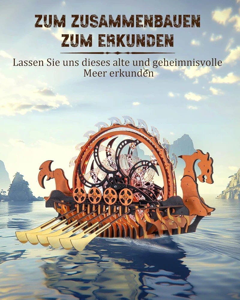 Rokr 3d dėlionė medinis laivas mediniai modeliai konstravimo rinkiniai suaugusiems, modelių laivai dovanos vaikams ir suaugusiems, kūrybinis žaislas ir namų dekoracija, 229 detalės, vikingų drakonų laivas, Lk802