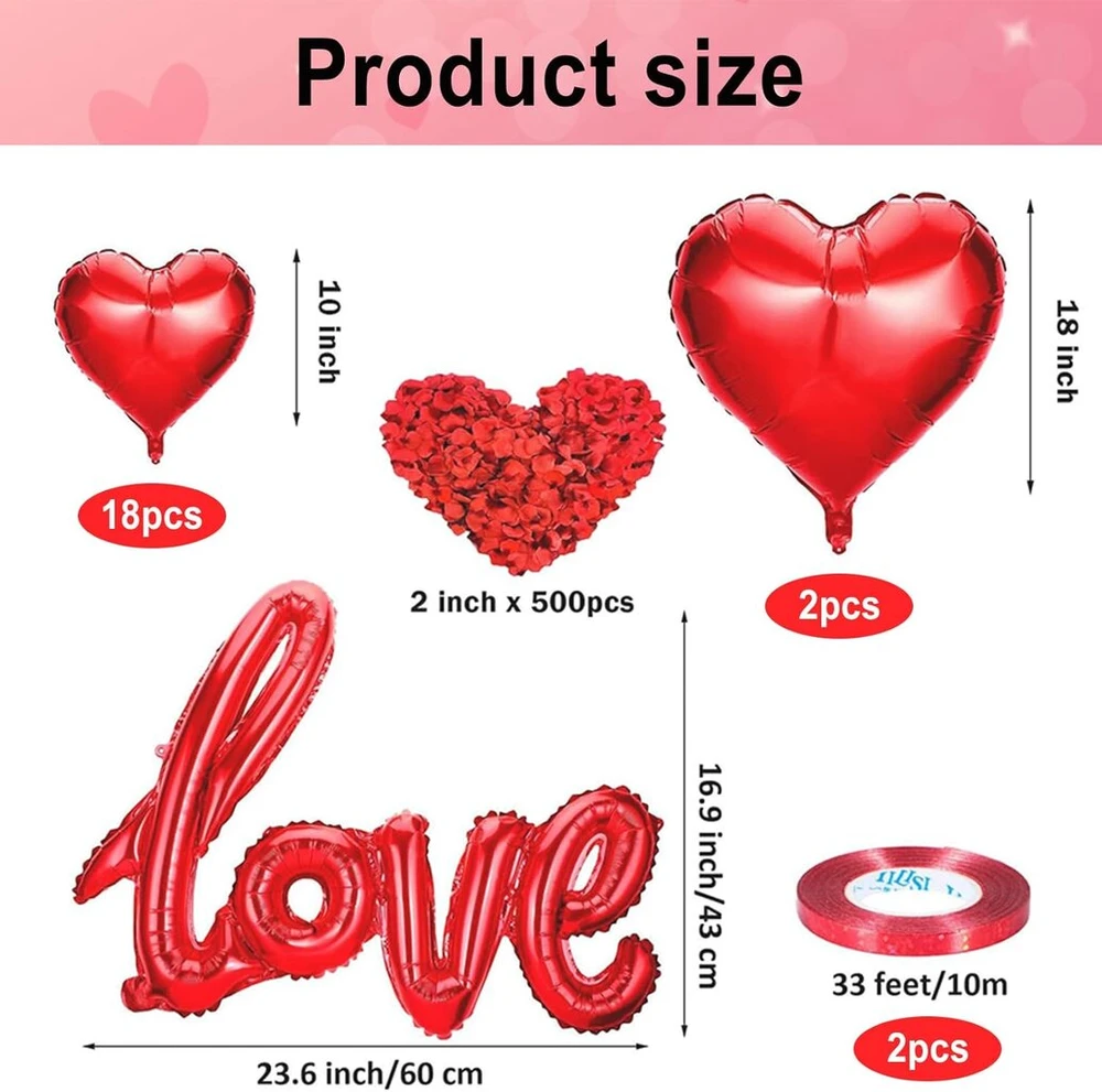Romantiškas valentino dienos dekoracijų rinkinys, 18 širdies formos folinių balionų, raudoni, 2 45 cm širdies formos helio balionai, didelis folinis balionas "love", 500 rožių žiedlapių, raudoni, gimtadieniui, jubiliejui, valentino dienos vakarėliui