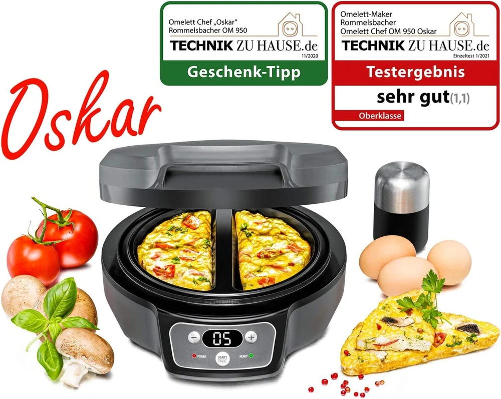 Vaflinė Rommelsbacher Omelett Chef Om 950, korpusas "cool touch", itin gili kepimo skarda 2 omletams, nelipni danga, 20 min. laikmatis, led ekranas, indikatoriaus lemputės, apsaugos nuo perpildymo kanalas, 950 W