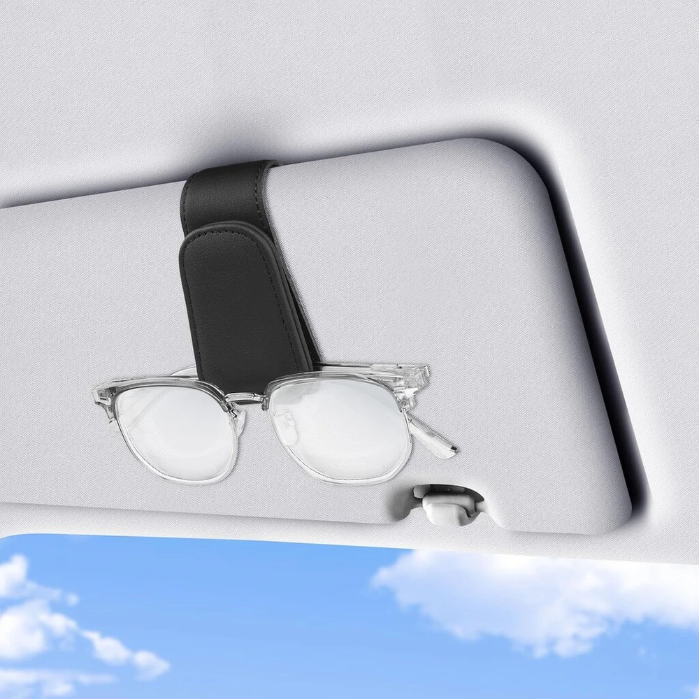 Romon akinių laikiklis automobiliui, akinių nuo saulės laikiklis, magnetinis akinių laikiklis automobiliui, odinis, daugiafunkcinis laikiklis, akinių dėklas, automobilio aksesuarai, tinka visiems automobilių modeliams, juodas