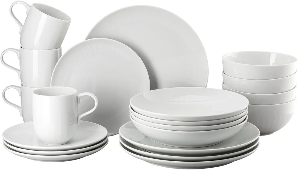 Rosenthal Joyn, baltas, 20 dalių porcelianinių indų rinkinys, lėkštės, dubenys, puodeliai su rankena, lengvas ir natūralus įvaizdis, modernus ir miesto akcentas, galima plauti indaplovėje ir naudoti mikrobangų krosnelėje