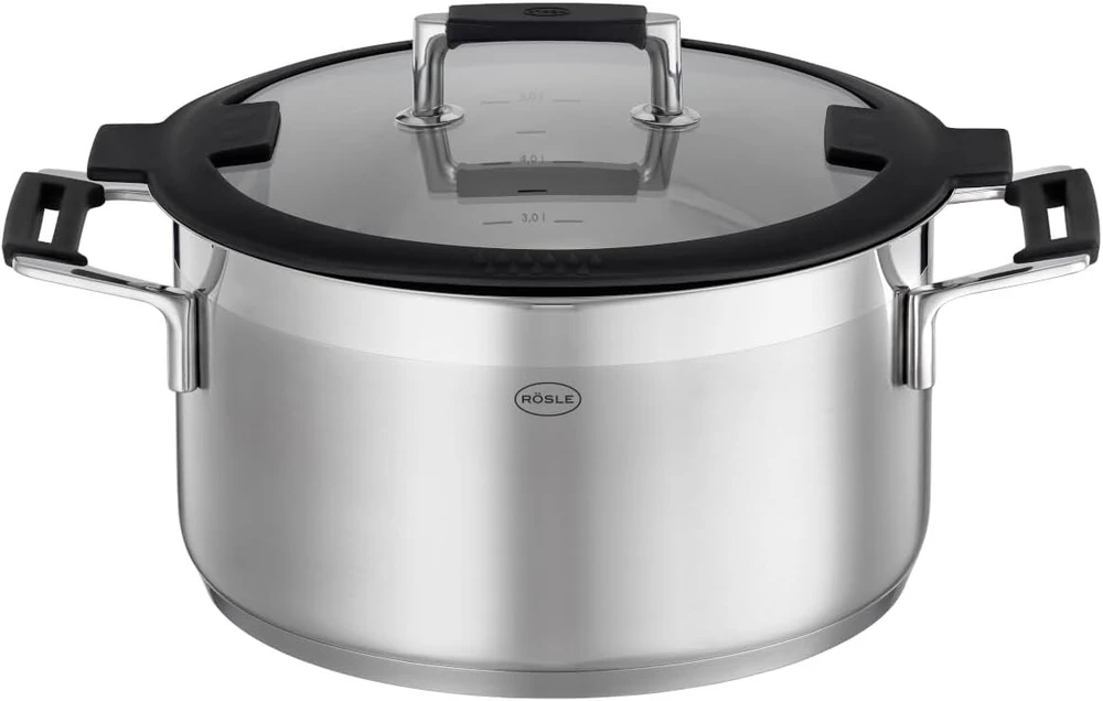 Rösle Silence Pro puodas, aukštos kokybės universalus puodas pagamintas iš 18/10 nerūdijančio plieno, 24 cm, stiklinis dangtis, vidinė skalė, tinka indukcinėms viryklėms, galima plauti indaplovėje, sidabrinis/juodas