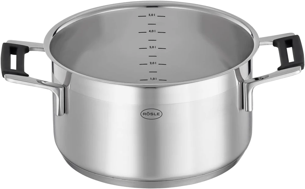 Rösle Silence Pro puodas, aukštos kokybės universalus puodas pagamintas iš 18/10 nerūdijančio plieno, 24 cm, stiklinis dangtis, vidinė skalė, tinka indukcinėms viryklėms, galima plauti indaplovėje, sidabrinis/juodas