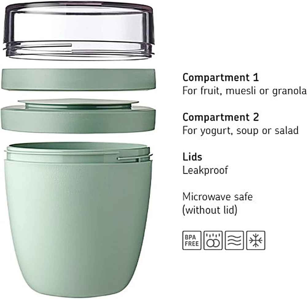 Rosti Mepal Mepal - Lunchpot Ellipse - praktiškas jogurto ir granolos indelis - atskiras skyrius jogurtui ir granolai - tinkamas šaldikliui, mikrobangų krosnelei ir indaplovei - 500 ml + 200 ml - Nordic Sage
