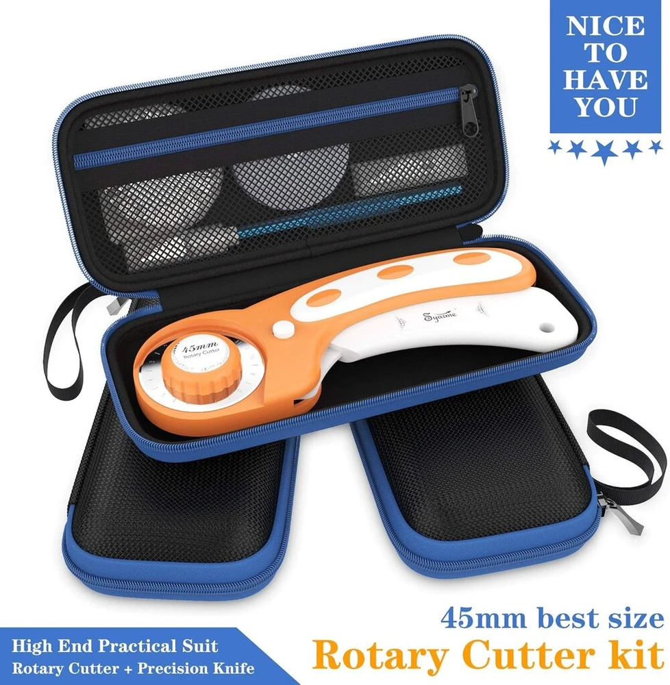 Rotary Cutter 45 mm audinio pjaustymo rinkinys su 6 atsarginiais volelių ašmenimis tiksliam audinio/odos/popieriaus/pluošto ir kt. pjovimui. Rinkinyje yra dėžutė, tikslus peilis ir matavimo juosta